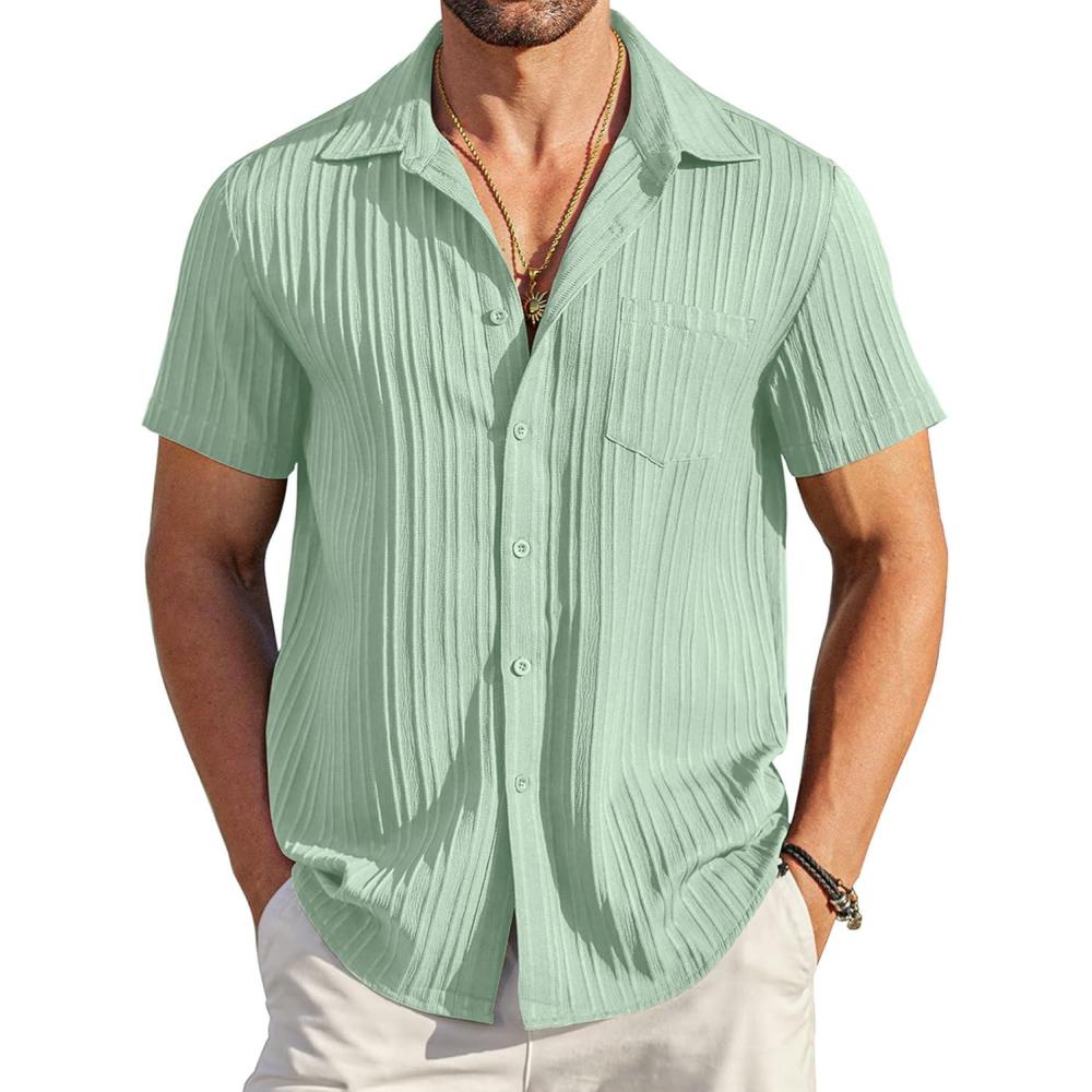 imageCOOFANDY Mens Casual Button Down Shirts Short Sleeve Textured Summer Beach Shirt with PocketLight Green