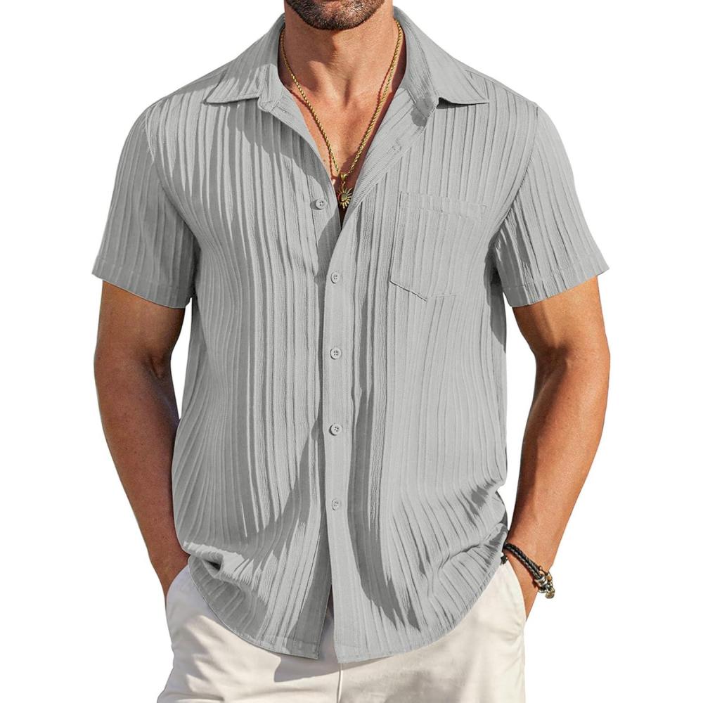 imageCOOFANDY Mens Casual Button Down Shirts Short Sleeve Textured Summer Beach Shirt with PocketLight Grey