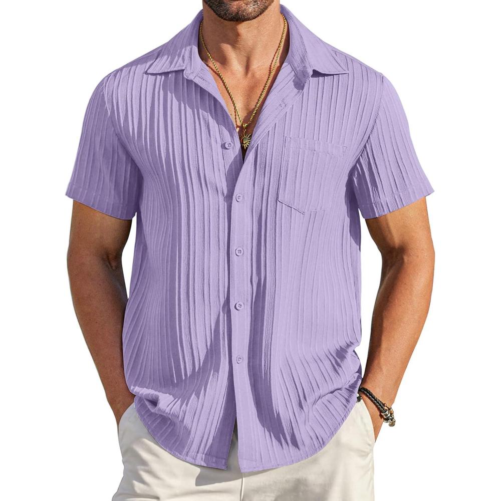 imageCOOFANDY Mens Casual Button Down Shirts Short Sleeve Textured Summer Beach Shirt with PocketLight Purple