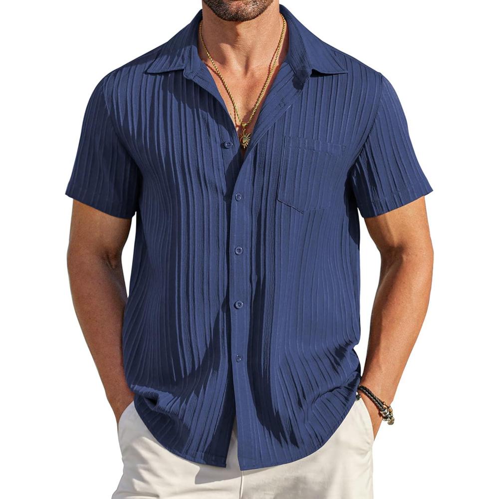 imageCOOFANDY Mens Casual Button Down Shirts Short Sleeve Textured Summer Beach Shirt with PocketNavy Blue