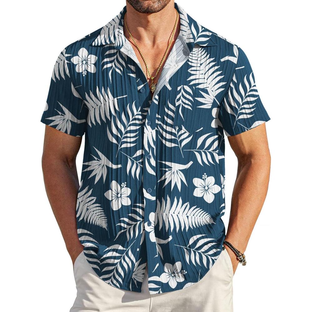 imageCOOFANDY Mens Casual Button Down Shirts Short Sleeve Textured Summer Beach Shirt with PocketNavywhite Leaves