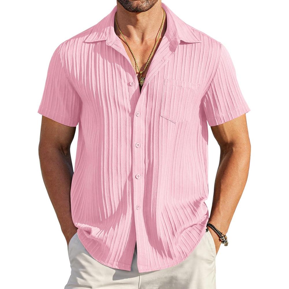 imageCOOFANDY Mens Casual Button Down Shirts Short Sleeve Textured Summer Beach Shirt with PocketPink