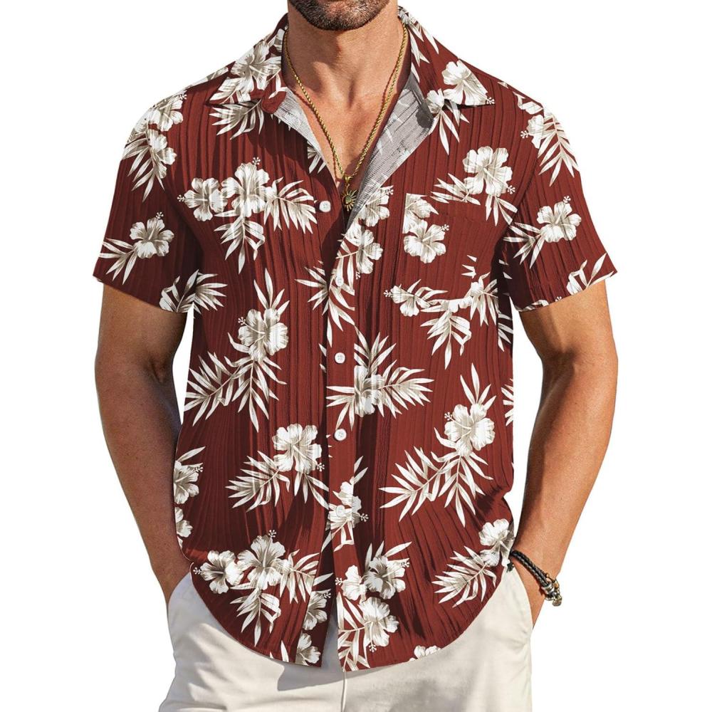 imageCOOFANDY Mens Casual Button Down Shirts Short Sleeve Textured Summer Beach Shirt with PocketRedwhite Floral