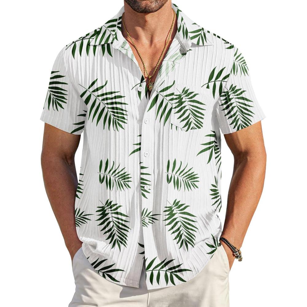 imageCOOFANDY Mens Casual Button Down Shirts Short Sleeve Textured Summer Beach Shirt with PocketWhitegreen Leaves