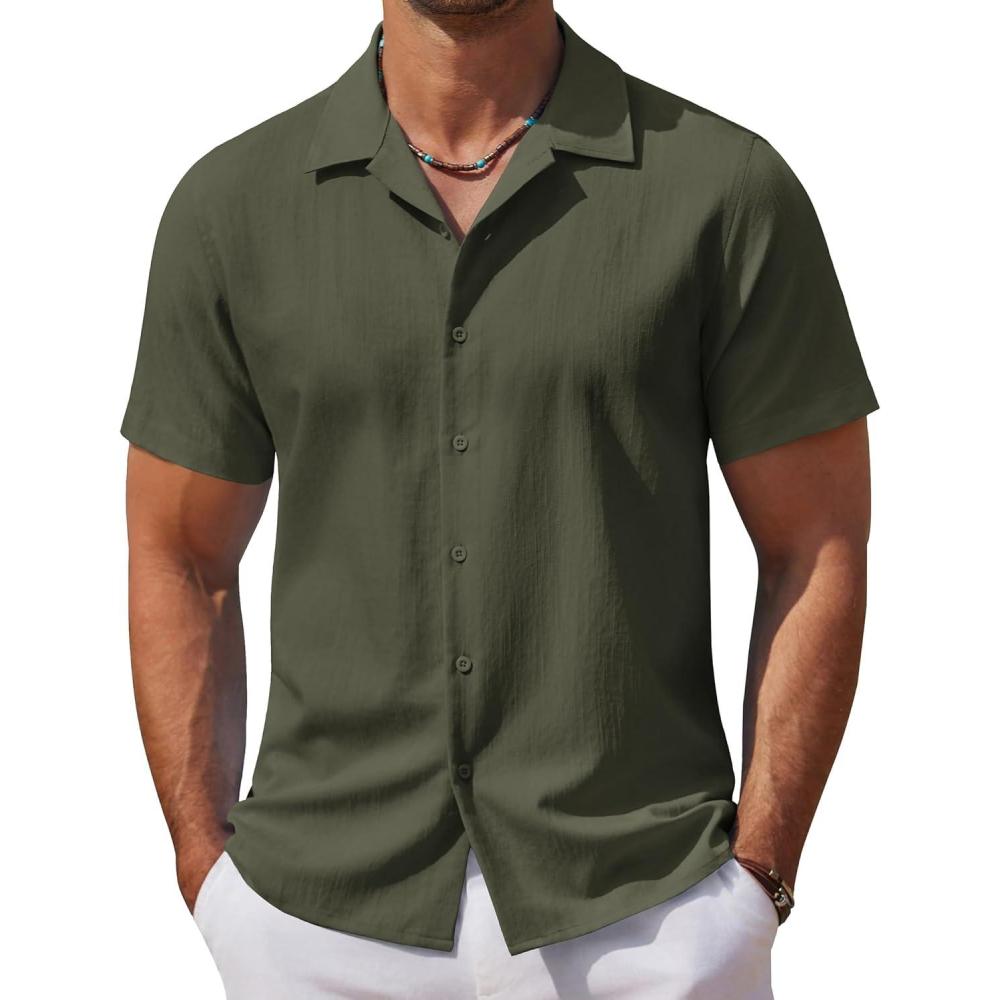 imageCOOFANDY Mens Casual Button Down Shirts Short Sleeve WrinkleFree Summer Beach WearArmy Green