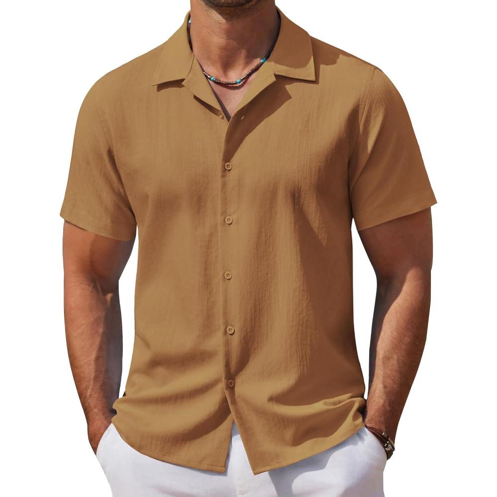 imageCOOFANDY Mens Casual Button Down Shirts Short Sleeve WrinkleFree Summer Beach WearCaramel