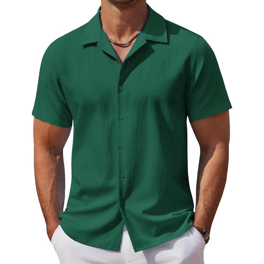 imageCOOFANDY Mens Casual Button Down Shirts Short Sleeve WrinkleFree Summer Beach WearDark Green