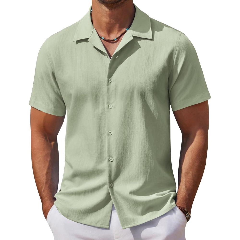 imageCOOFANDY Mens Casual Button Down Shirts Short Sleeve WrinkleFree Summer Beach WearLight Green