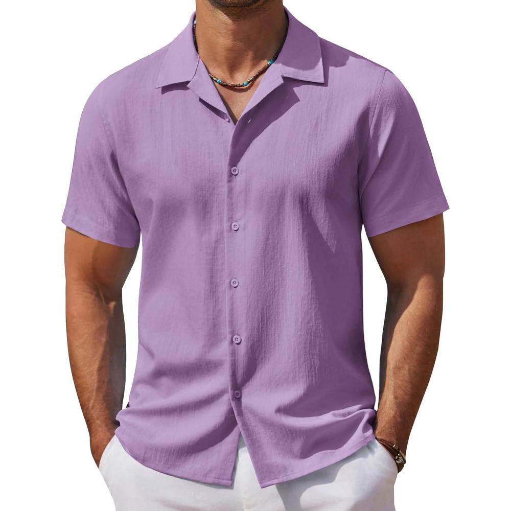 imageCOOFANDY Mens Casual Button Down Shirts Short Sleeve WrinkleFree Summer Beach WearPurple