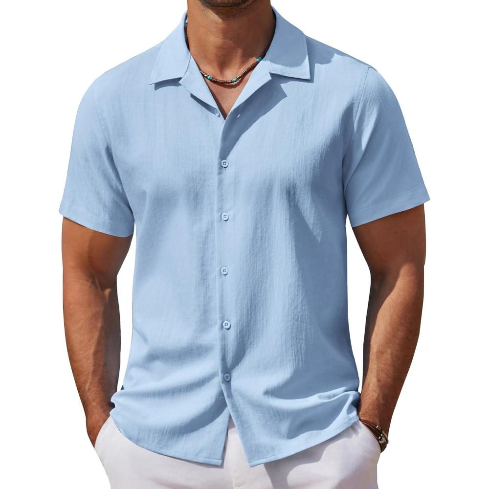 imageCOOFANDY Mens Casual Button Down Shirts Short Sleeve WrinkleFree Summer Beach WearSky Blue