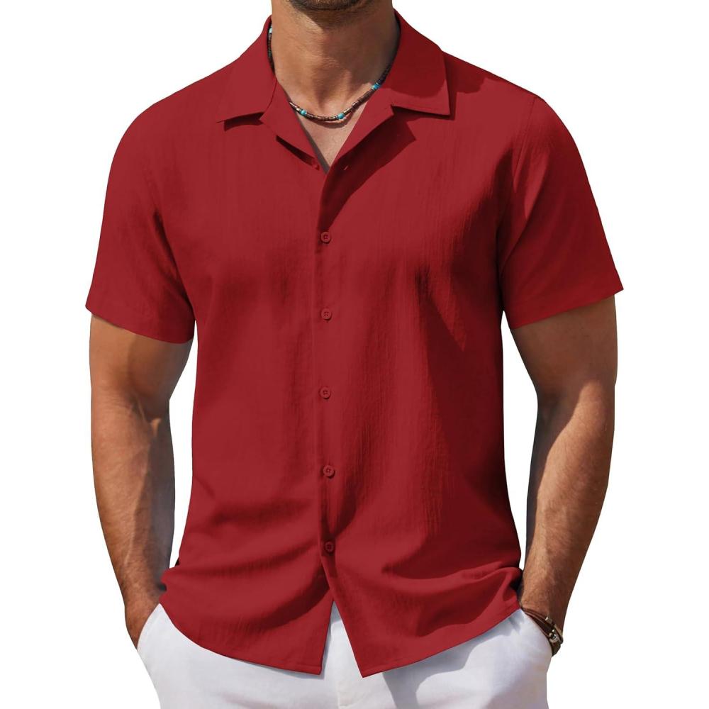 imageCOOFANDY Mens Casual Button Down Shirts Short Sleeve WrinkleFree Summer Beach WearWine Red