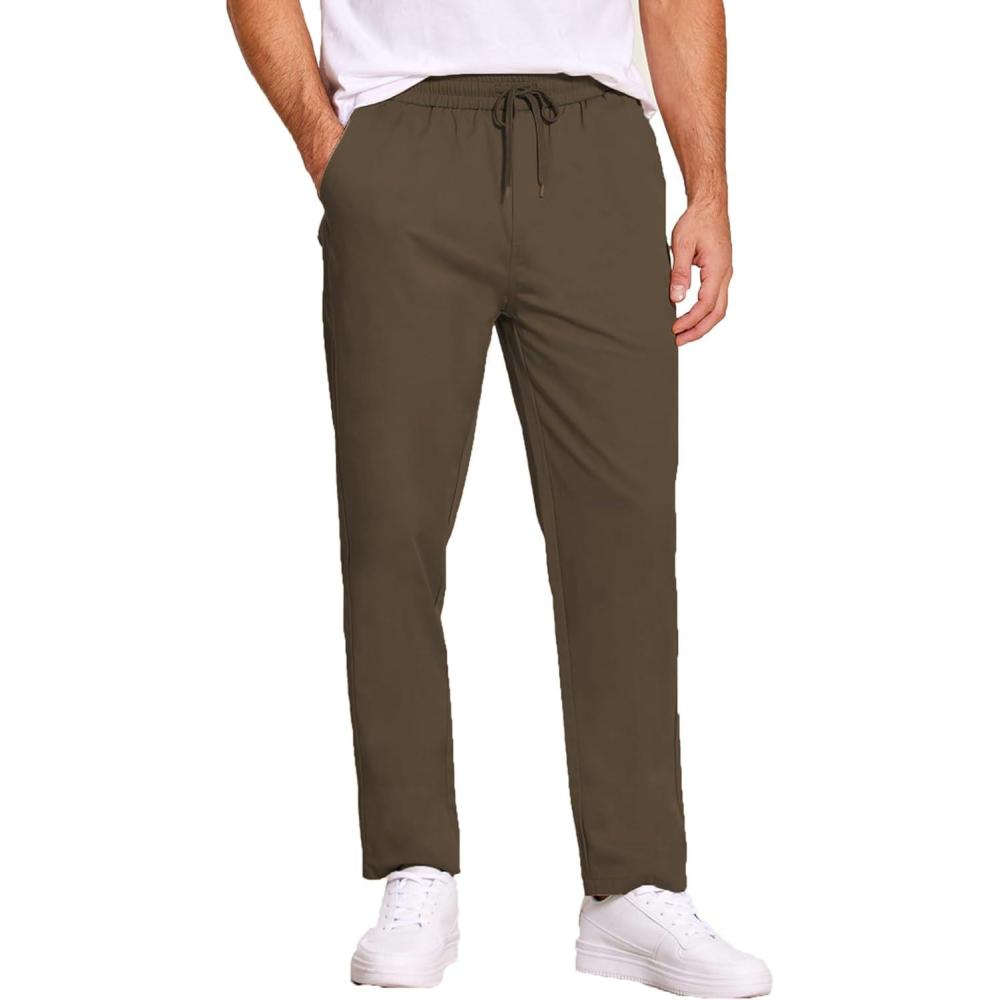 imageCOOFANDY Mens Casual Cotton Pants Regular Fit Elastic Waist Drawstring Twill Pants Straight Leg Chino PantsBrown