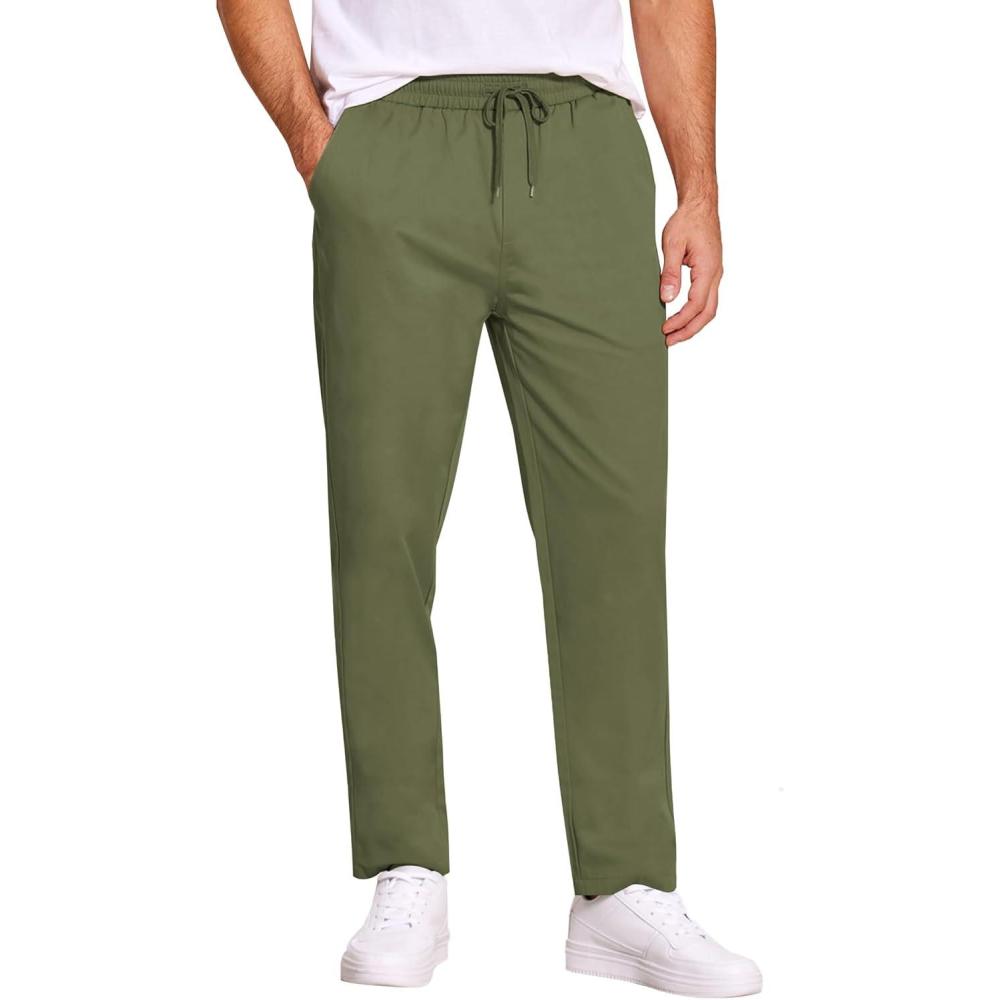imageCOOFANDY Mens Casual Cotton Pants Regular Fit Elastic Waist Drawstring Twill Pants Straight Leg Chino PantsDark Green