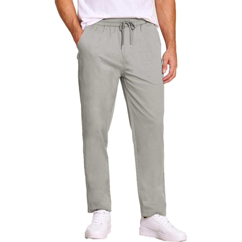 imageCOOFANDY Mens Casual Cotton Pants Regular Fit Elastic Waist Drawstring Twill Pants Straight Leg Chino PantsLight Grey