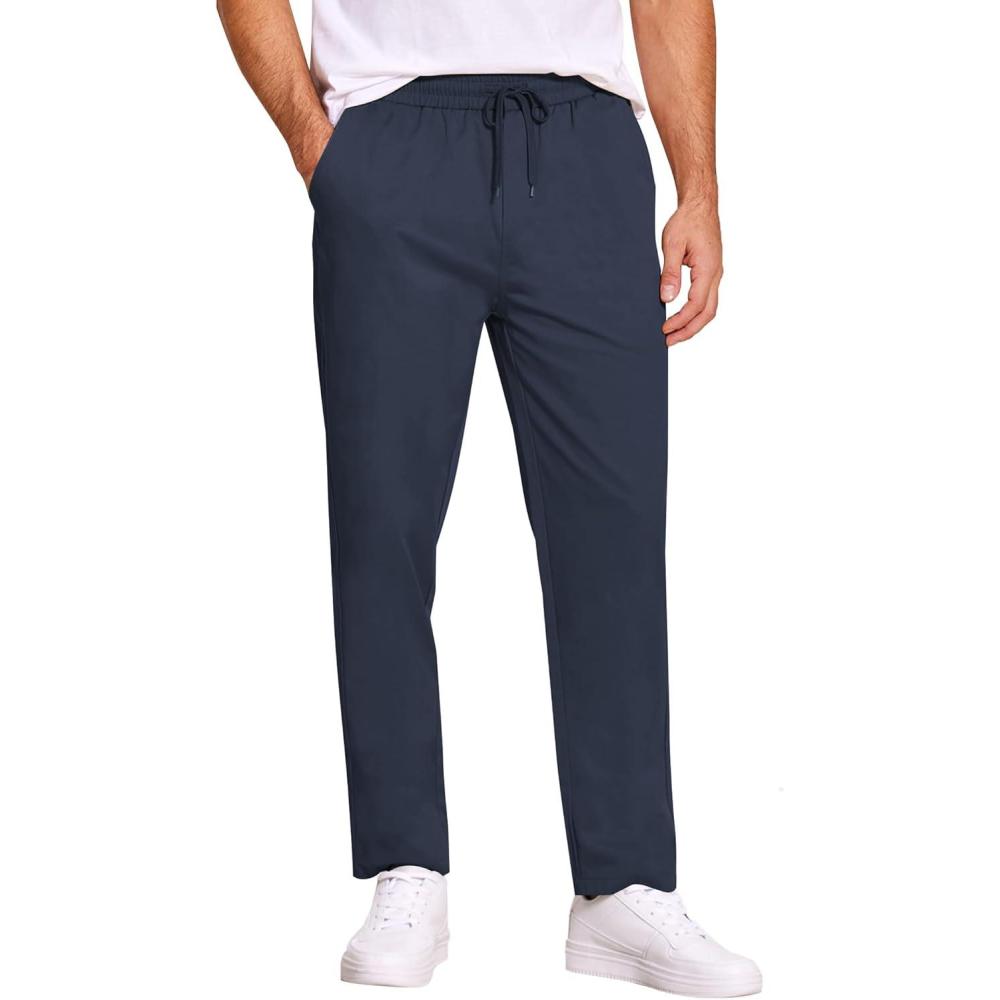 imageCOOFANDY Mens Casual Cotton Pants Regular Fit Elastic Waist Drawstring Twill Pants Straight Leg Chino PantsNavy Blue