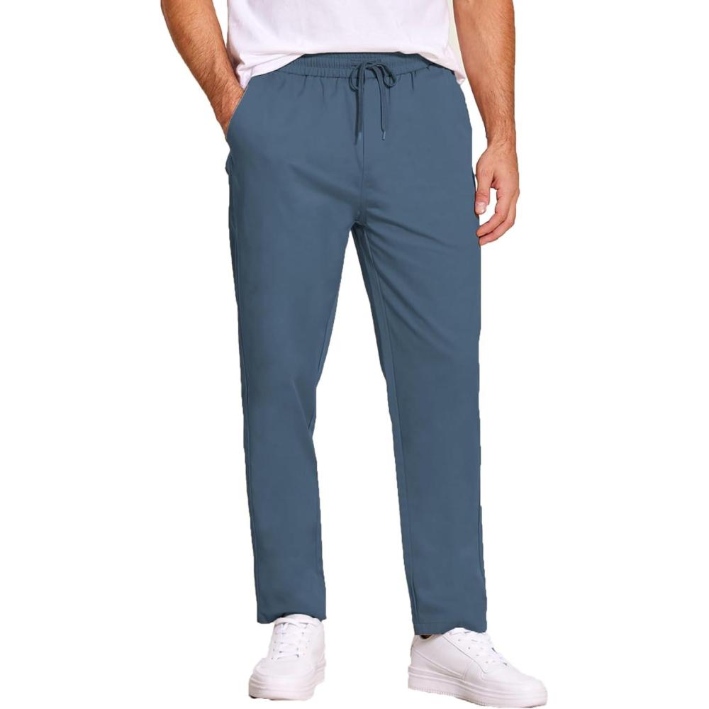 imageCOOFANDY Mens Casual Cotton Pants Regular Fit Elastic Waist Drawstring Twill Pants Straight Leg Chino PantsSlate Blue