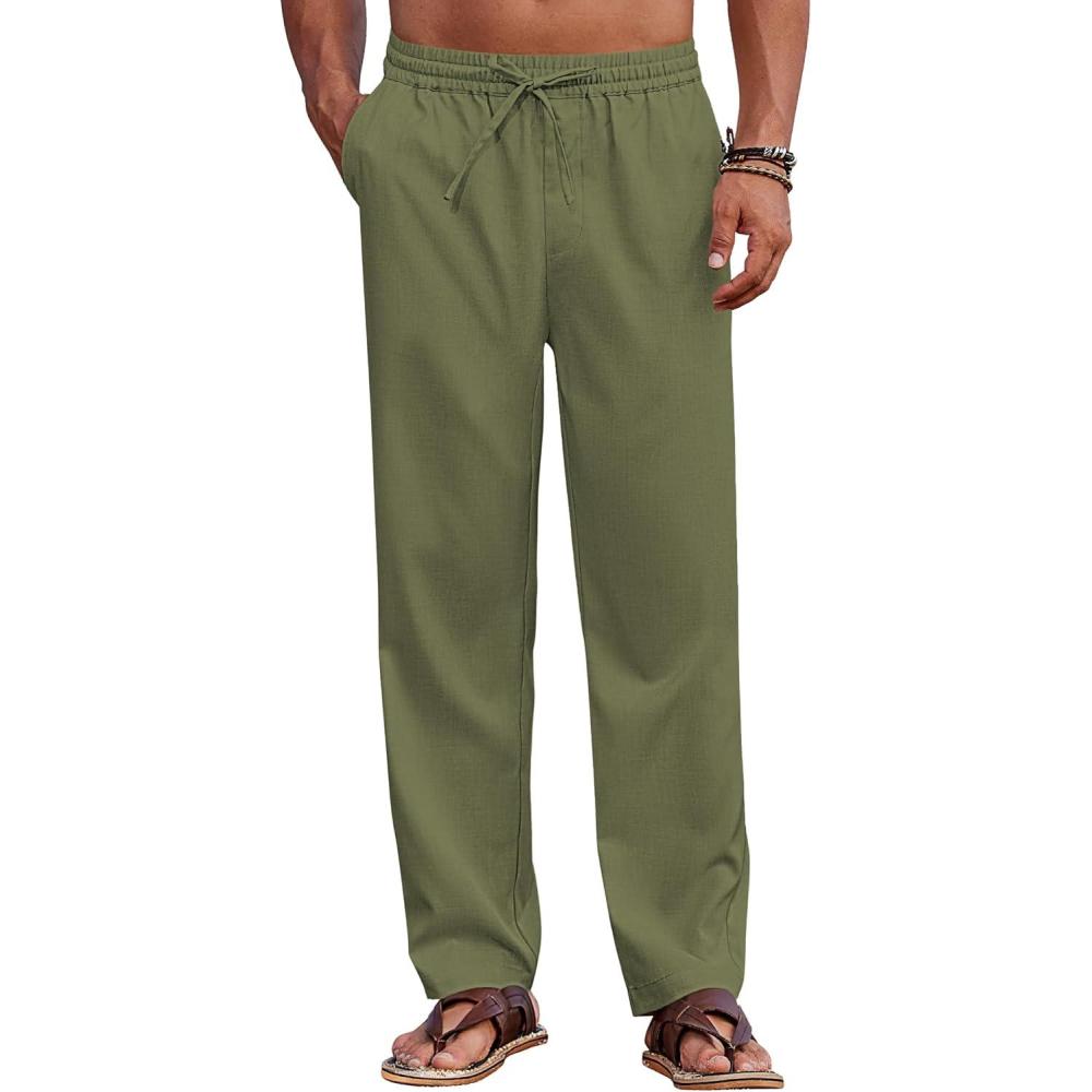 imageCOOFANDY Mens Casual Elastic Waist Pants Drawstring Summer Beach Pant Lightweight Stretch Linen TrouserArmy Green