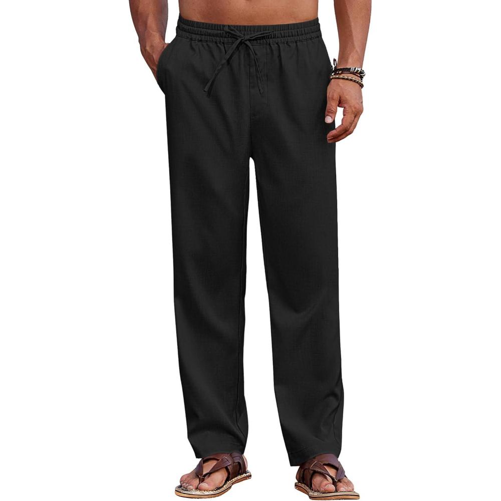 imageCOOFANDY Mens Casual Elastic Waist Pants Drawstring Summer Beach Pant Lightweight Stretch Linen TrouserBlack