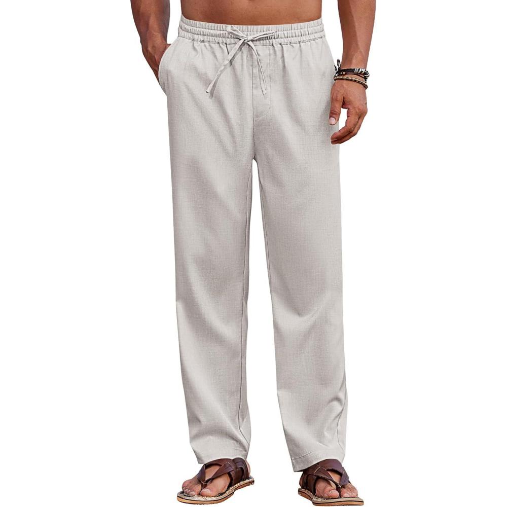 imageCOOFANDY Mens Casual Elastic Waist Pants Drawstring Summer Beach Pant Lightweight Stretch Linen TrouserLight Grey