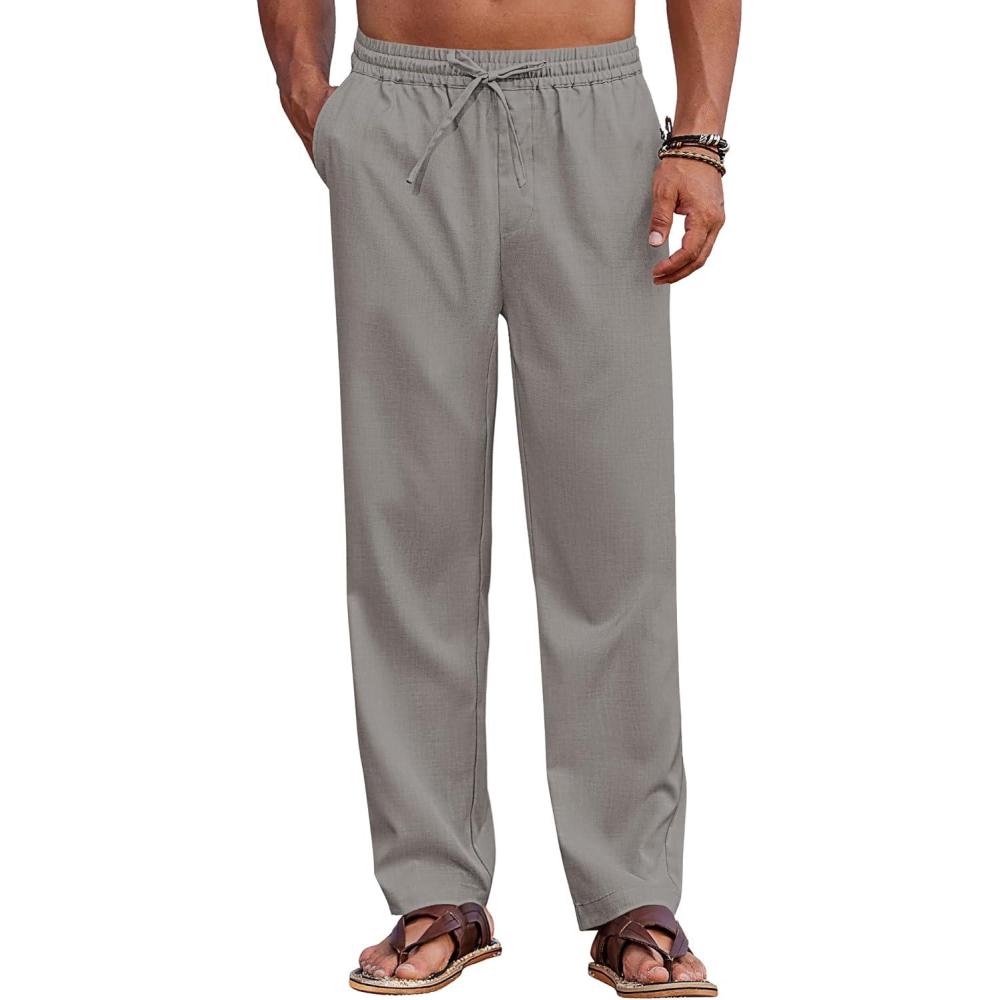 imageCOOFANDY Mens Casual Elastic Waist Pants Drawstring Summer Beach Pant Lightweight Stretch Linen TrouserMedium Gray