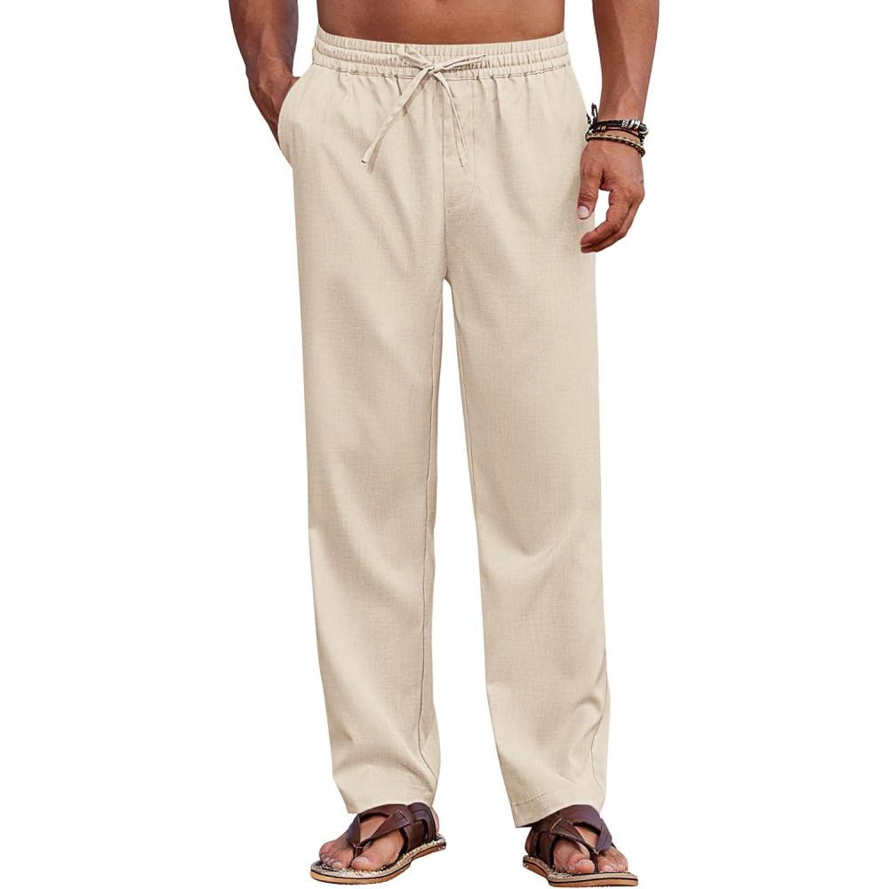 imageCOOFANDY Mens Casual Elastic Waist Pants Drawstring Summer Beach Pant Lightweight Stretch Linen TrouserMoon Grey