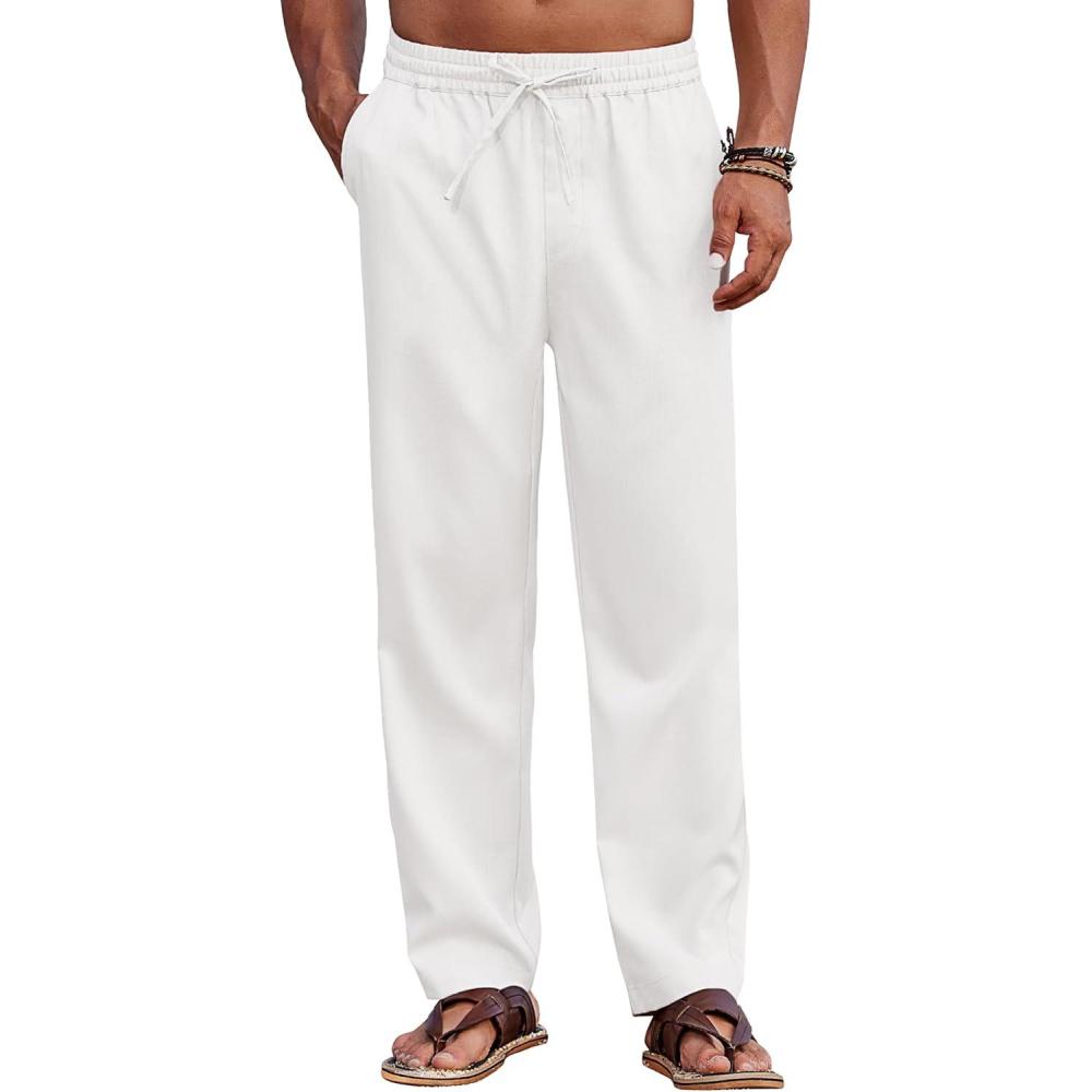 imageCOOFANDY Mens Casual Elastic Waist Pants Drawstring Summer Beach Pant Lightweight Stretch Linen TrouserWhite
