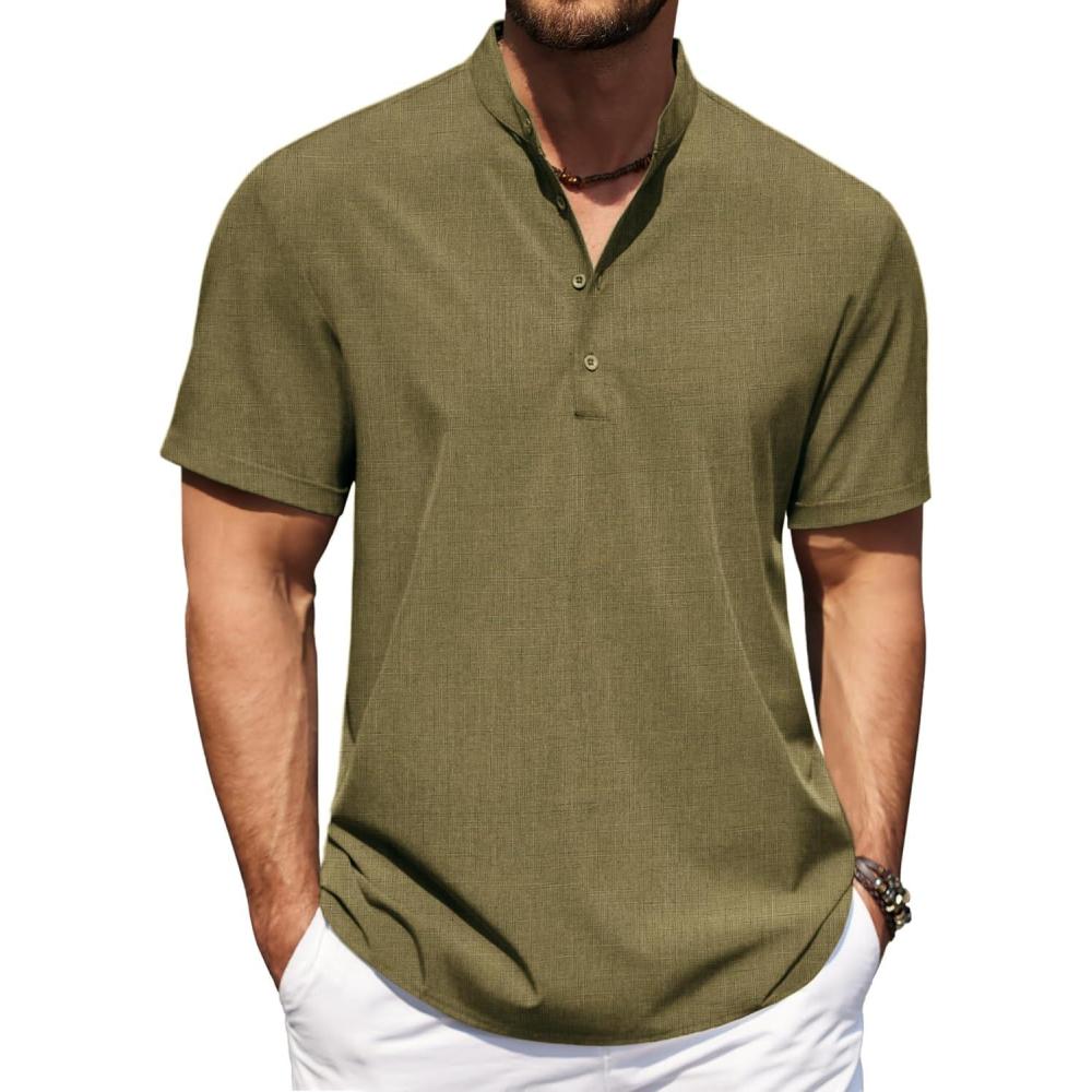 imageCOOFANDY Mens Casual Henley Shirt Short Sleeve Band Collar Shirt Summer Beach Hippie Vacation T Shirt with ButtonArmy Green