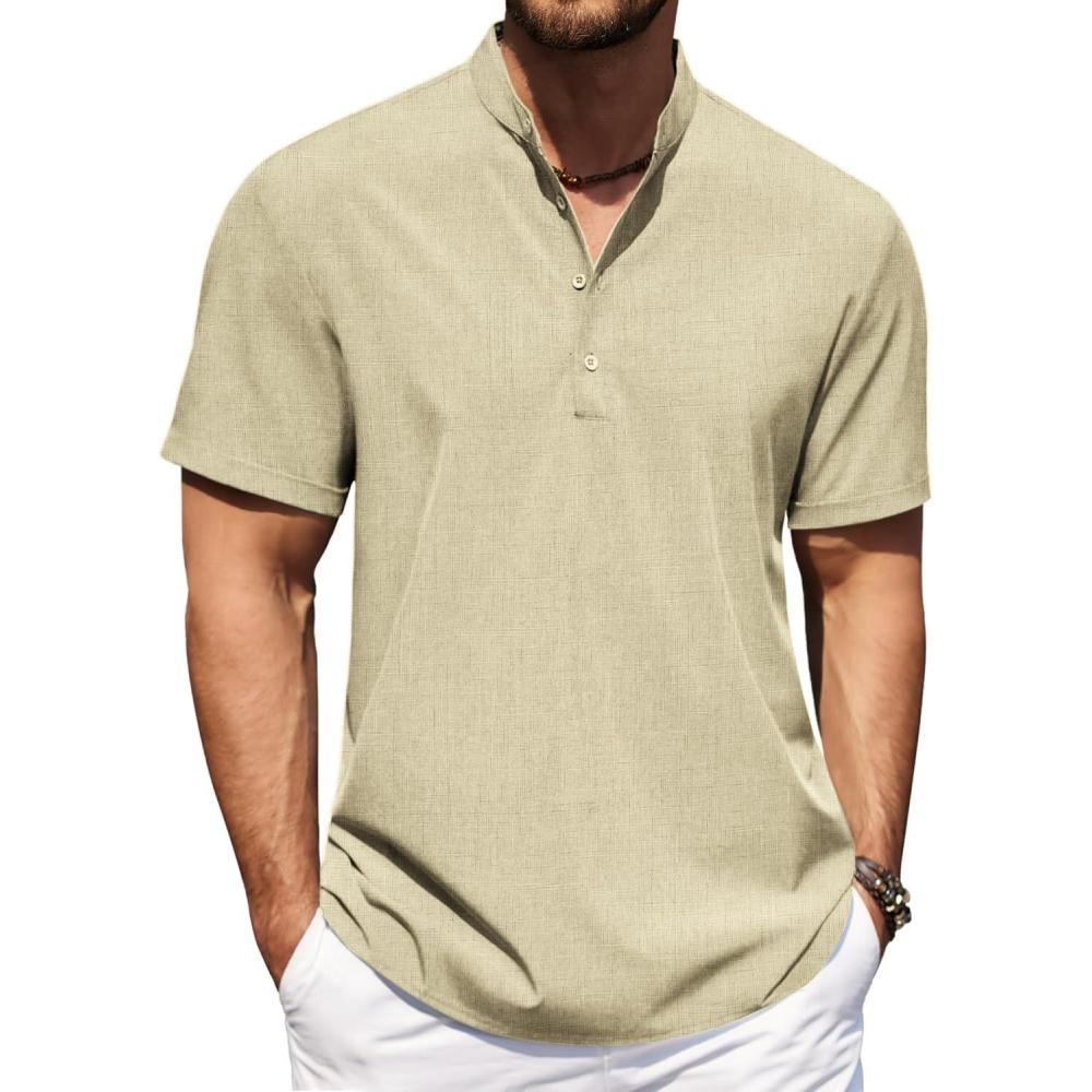 imageCOOFANDY Mens Casual Henley Shirt Short Sleeve Band Collar Shirt Summer Beach Hippie Vacation T Shirt with ButtonBeige