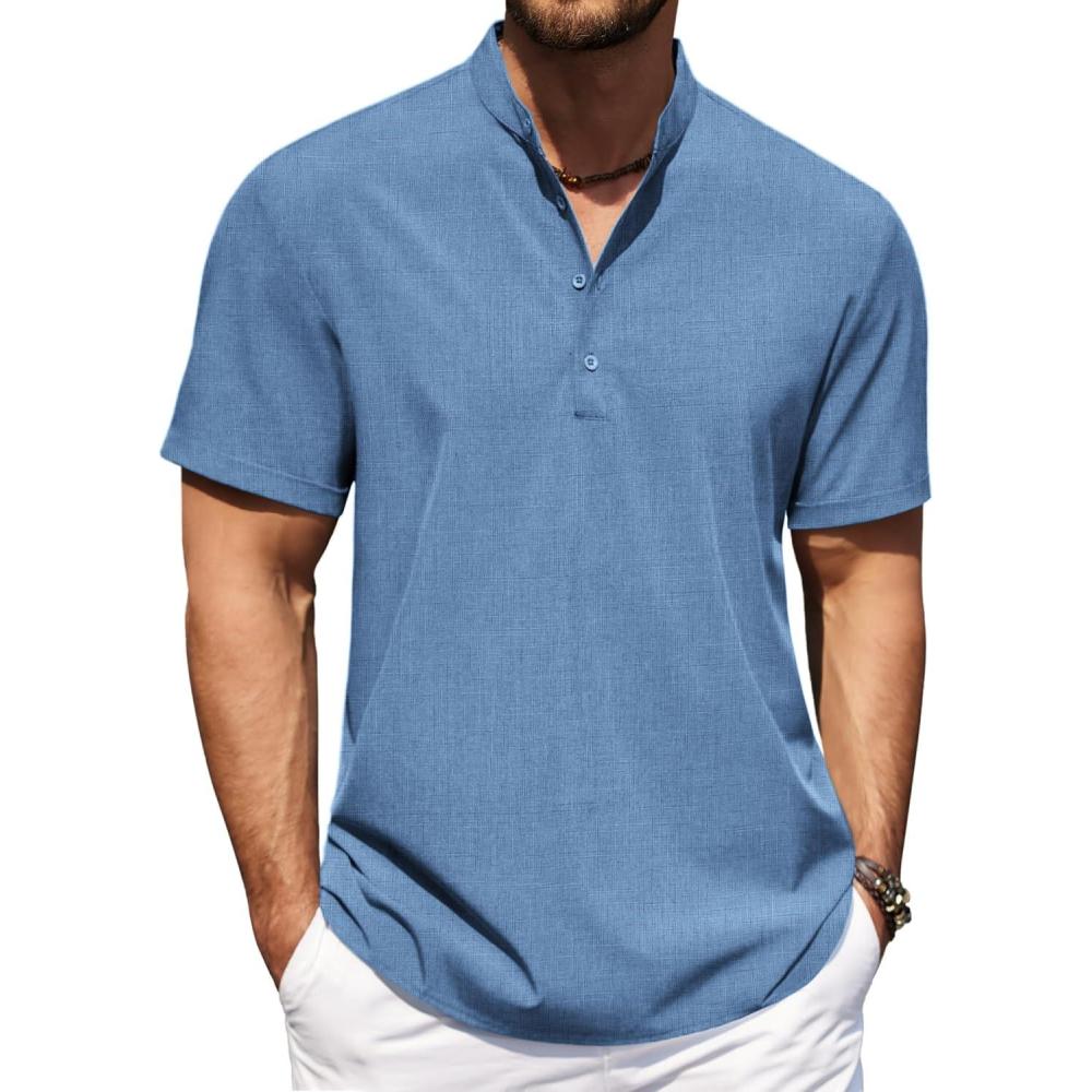 imageCOOFANDY Mens Casual Henley Shirt Short Sleeve Band Collar Shirt Summer Beach Hippie Vacation T Shirt with ButtonBlue