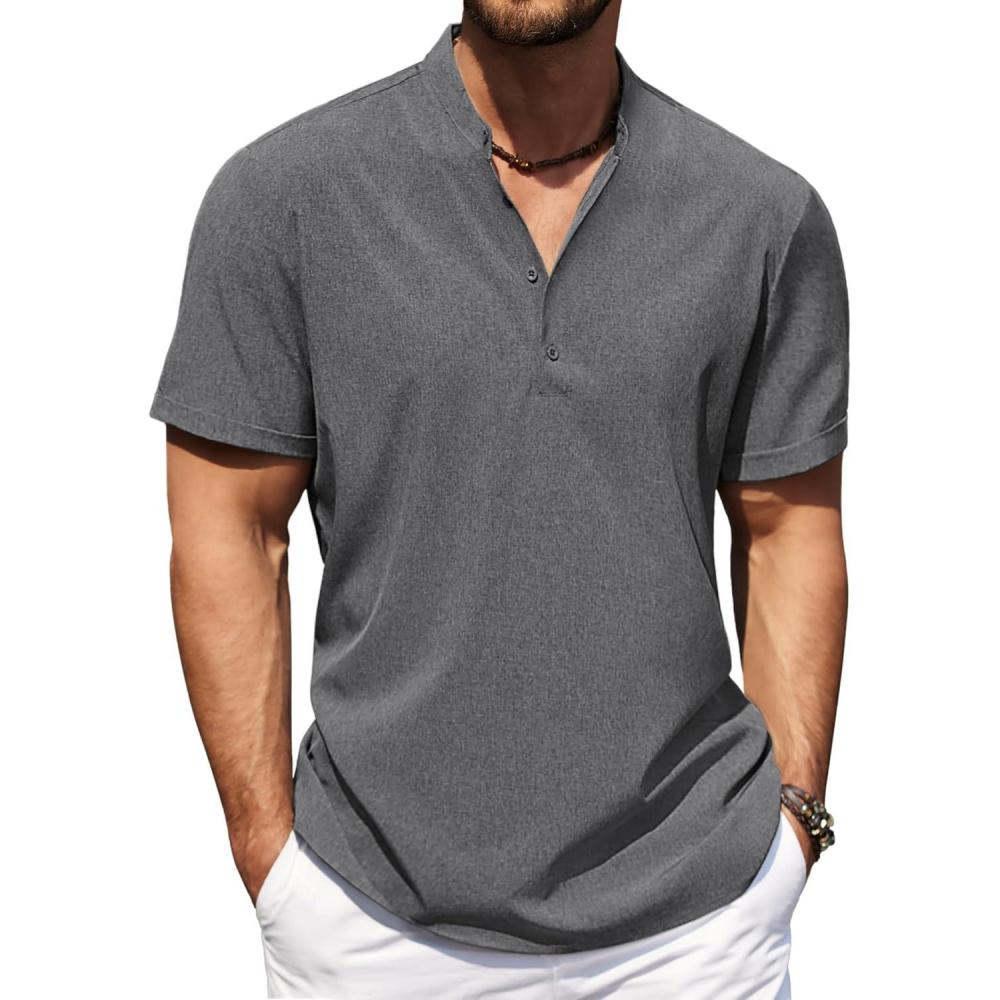 imageCOOFANDY Mens Casual Henley Shirt Short Sleeve Band Collar Shirt Summer Beach Hippie Vacation T Shirt with ButtonDark Grey
