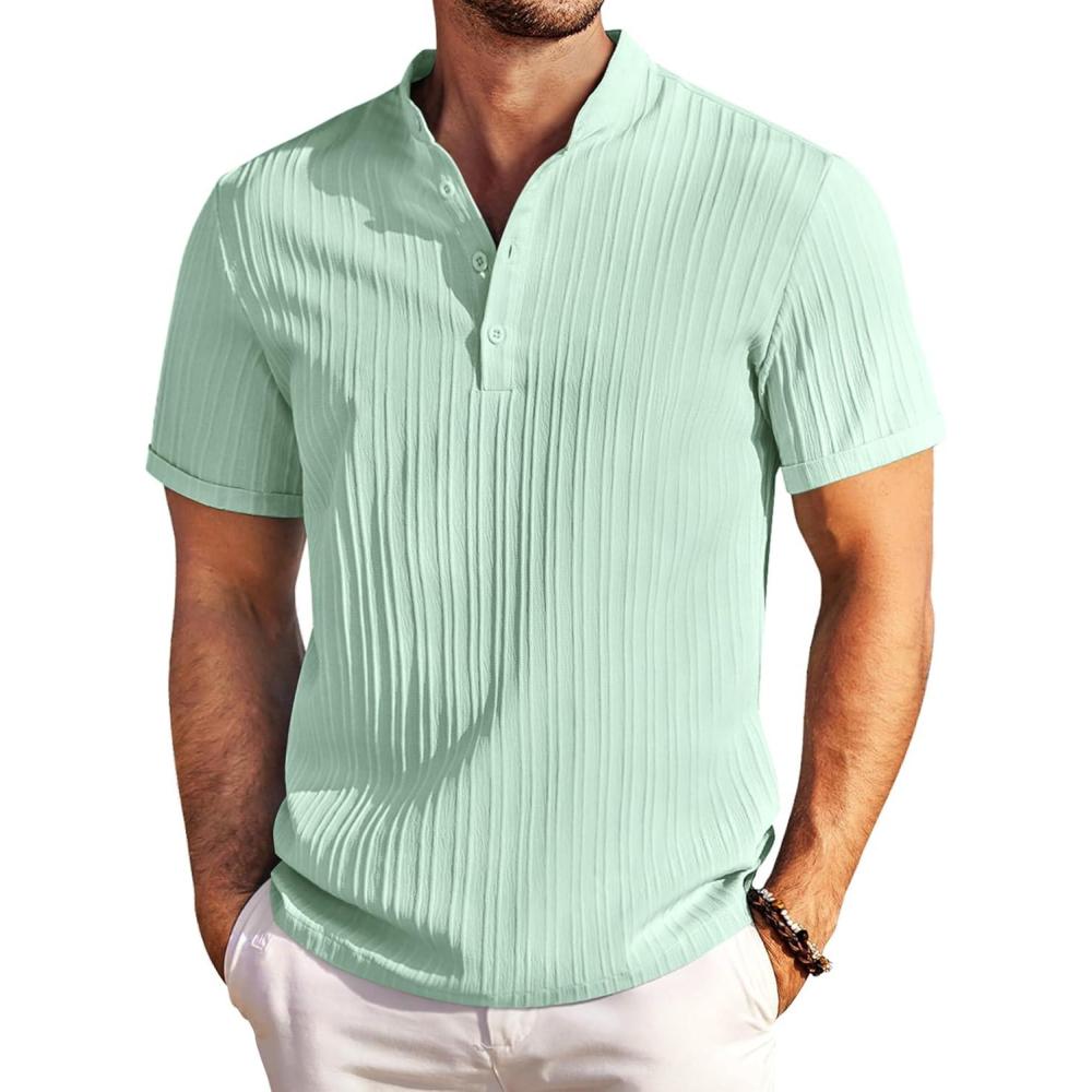 imageCOOFANDY Mens Casual Henley Shirt Short Sleeve Band Collar Shirt Summer Beach Hippie Vacation T Shirt with ButtonIce Green