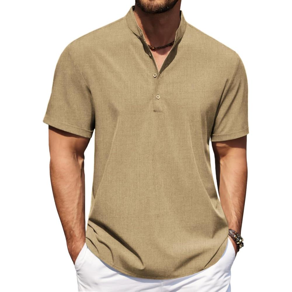 imageCOOFANDY Mens Casual Henley Shirt Short Sleeve Band Collar Shirt Summer Beach Hippie Vacation T Shirt with ButtonKhaki