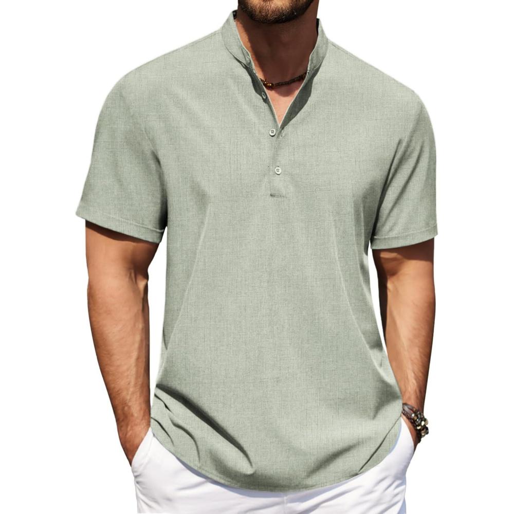 imageCOOFANDY Mens Casual Henley Shirt Short Sleeve Band Collar Shirt Summer Beach Hippie Vacation T Shirt with ButtonLight Green