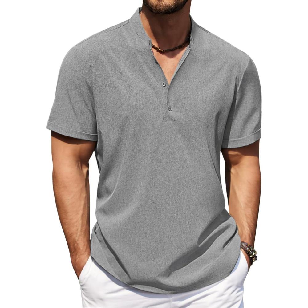 imageCOOFANDY Mens Casual Henley Shirt Short Sleeve Band Collar Shirt Summer Beach Hippie Vacation T Shirt with ButtonLight Grey