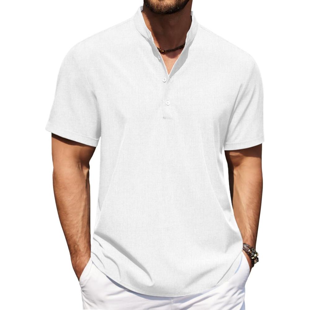 imageCOOFANDY Mens Casual Henley Shirt Short Sleeve Band Collar Shirt Summer Beach Hippie Vacation T Shirt with ButtonWhite