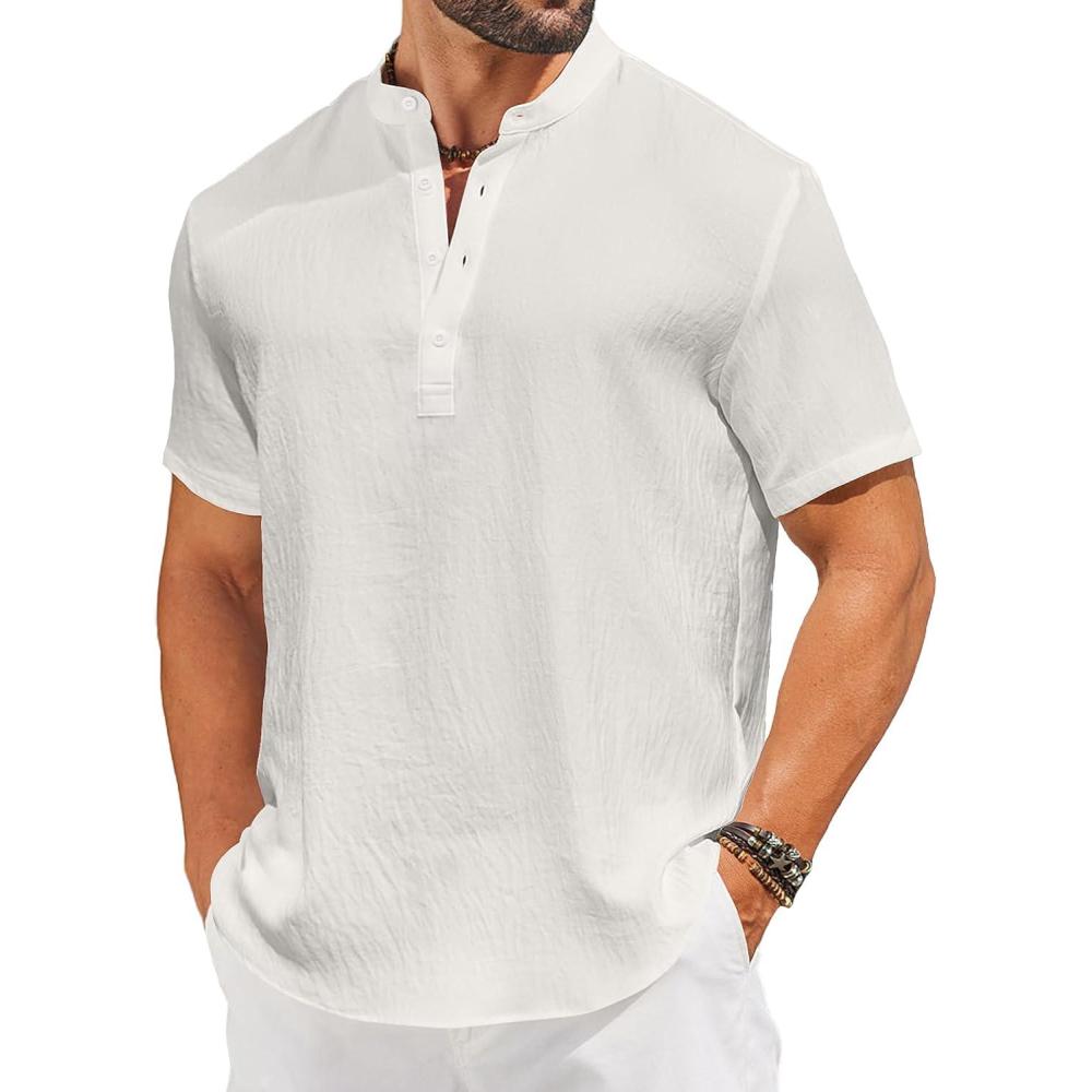 imageCOOFANDY Mens Casual Henley Shirt Short Sleeve Linen Shirt Band Collar Summer Hippie Beach TShirts01white