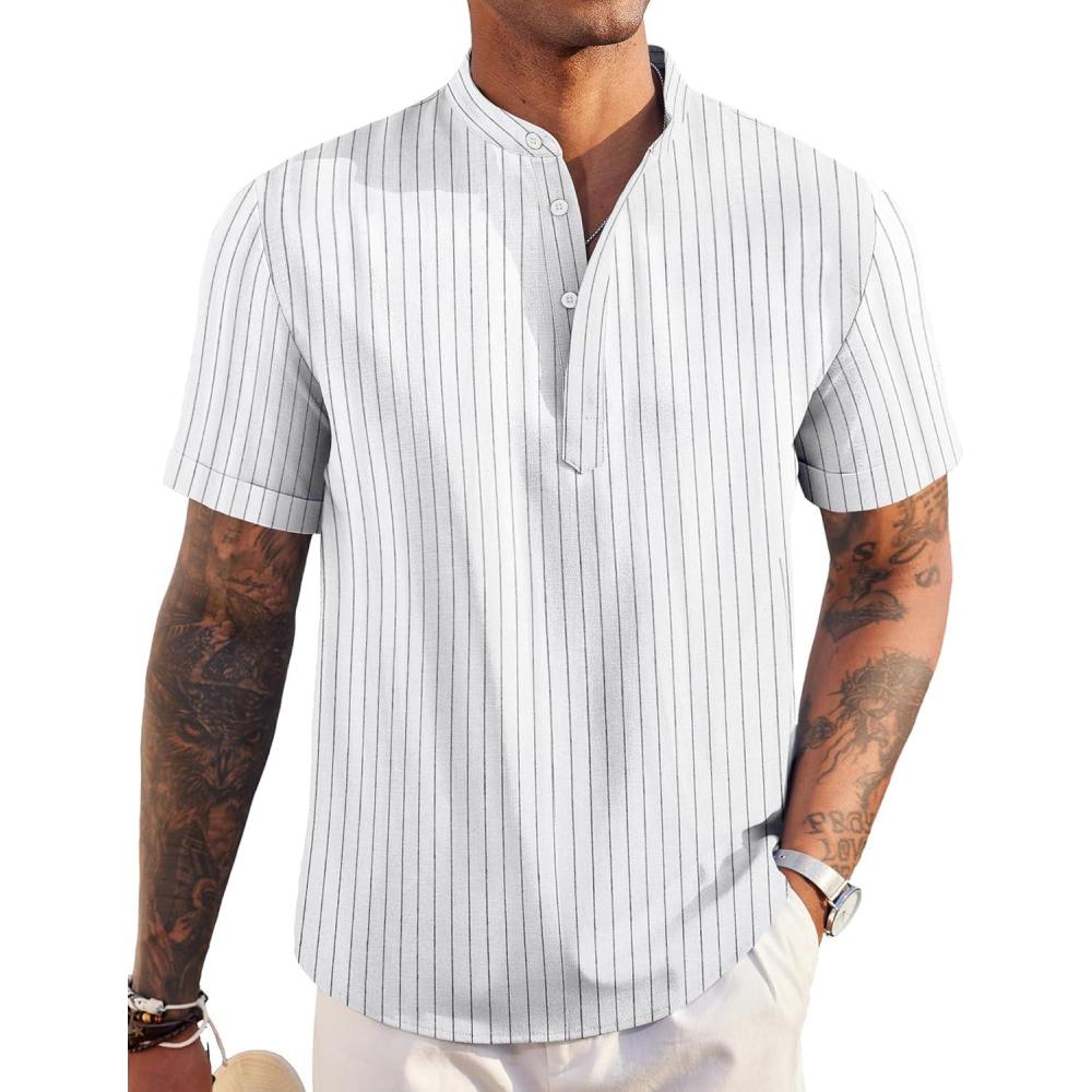 imageCOOFANDY Mens Casual Henley Shirt Short Sleeve Linen Shirt Band Collar Summer Hippie Beach TShirtsStriped White
