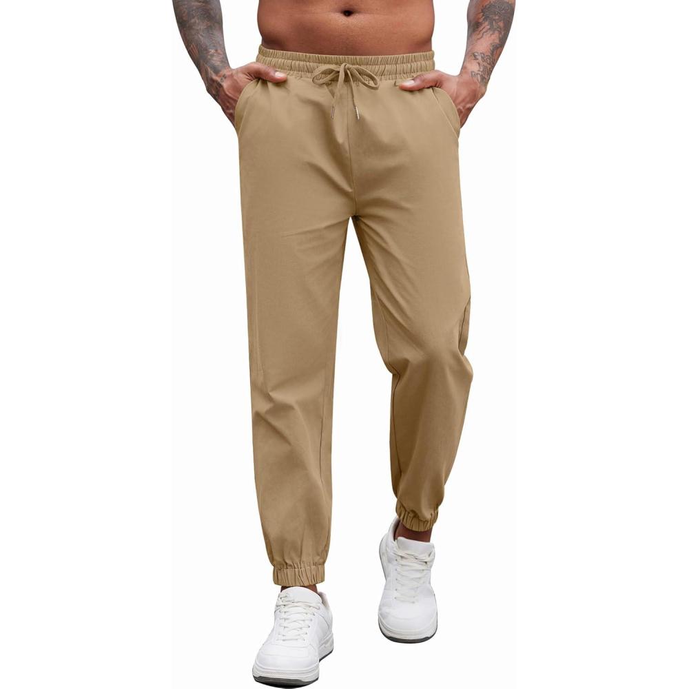 imageCOOFANDY Mens Casual Joggers Pants Cotton Elastic Waist Drawstring Chino Pants Hiking Outdoor Track SweatpantsKhaki