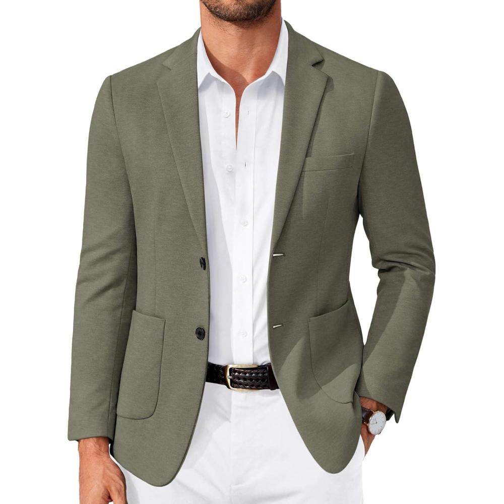 imageCOOFANDY Mens Casual Knit Blazer Slim Fit Lightweight Sport Coat Stretch Two Button Suit JacketArmy Green