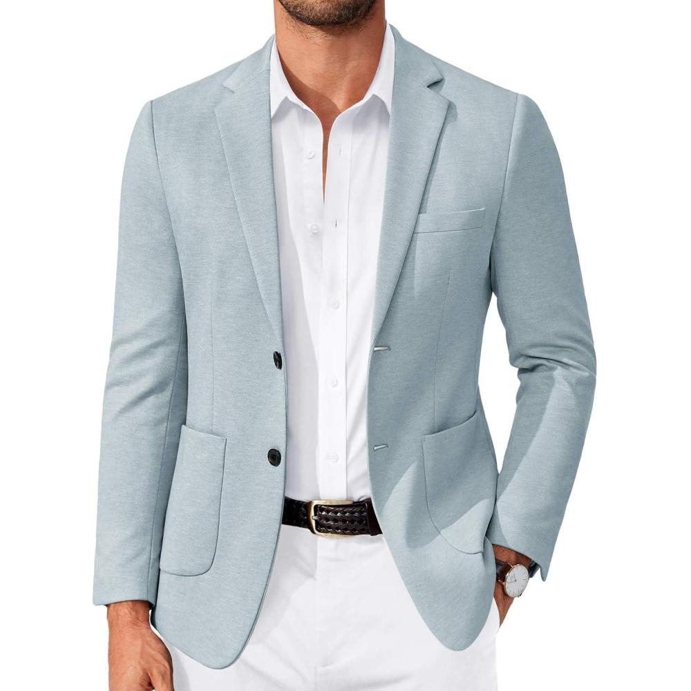 imageCOOFANDY Mens Casual Knit Blazer Slim Fit Lightweight Sport Coat Stretch Two Button Suit JacketLight Blue