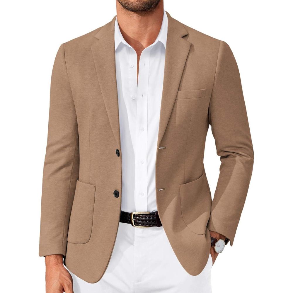 imageCOOFANDY Mens Casual Knit Blazer Slim Fit Lightweight Sport Coat Stretch Two Button Suit JacketLight Brown