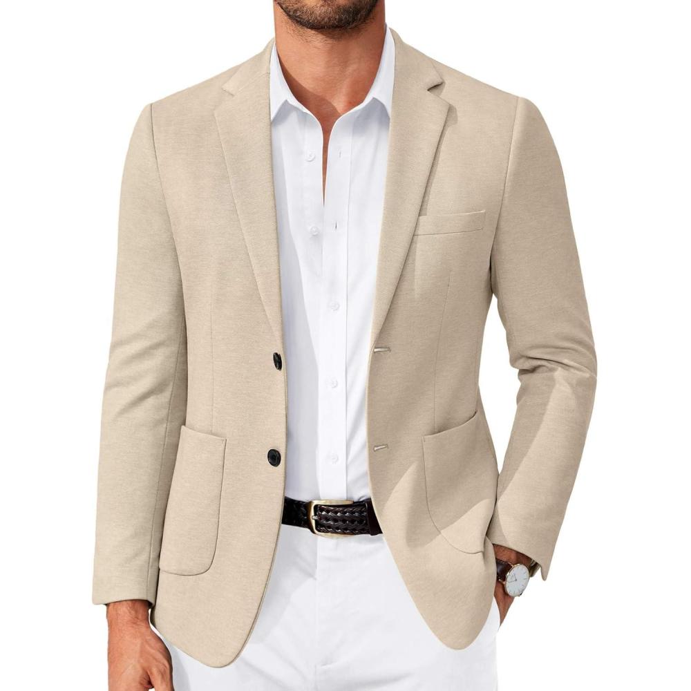 imageCOOFANDY Mens Casual Knit Blazer Slim Fit Lightweight Sport Coat Stretch Two Button Suit JacketLight Khaki