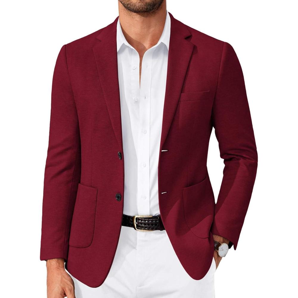 imageCOOFANDY Mens Casual Knit Blazer Slim Fit Lightweight Sport Coat Stretch Two Button Suit JacketWine Red
