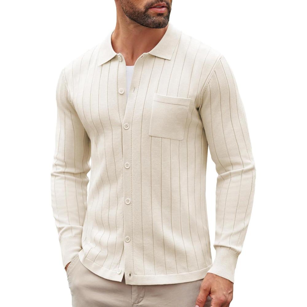 imageCOOFANDY Mens Casual Knit Polo Shirts Long Sleeve Button Down Sweater Polo Ribbed Cardigan Sweater with PocketBeige