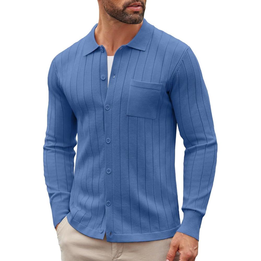 imageCOOFANDY Mens Casual Knit Polo Shirts Long Sleeve Button Down Sweater Polo Ribbed Cardigan Sweater with PocketBlue