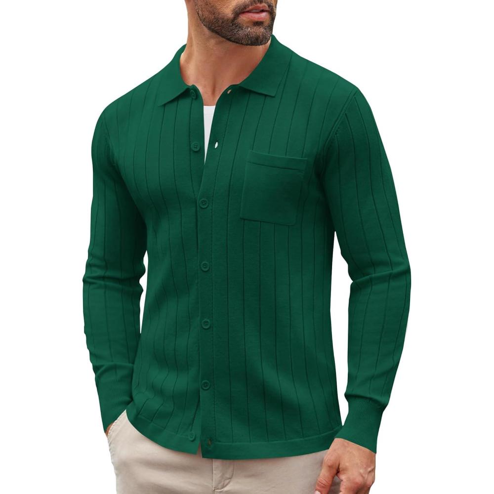 imageCOOFANDY Mens Casual Knit Polo Shirts Long Sleeve Button Down Sweater Polo Ribbed Cardigan Sweater with PocketDark Green