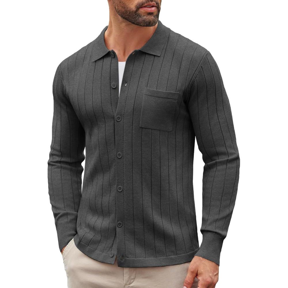 imageCOOFANDY Mens Casual Knit Polo Shirts Long Sleeve Button Down Sweater Polo Ribbed Cardigan Sweater with PocketDark Grey
