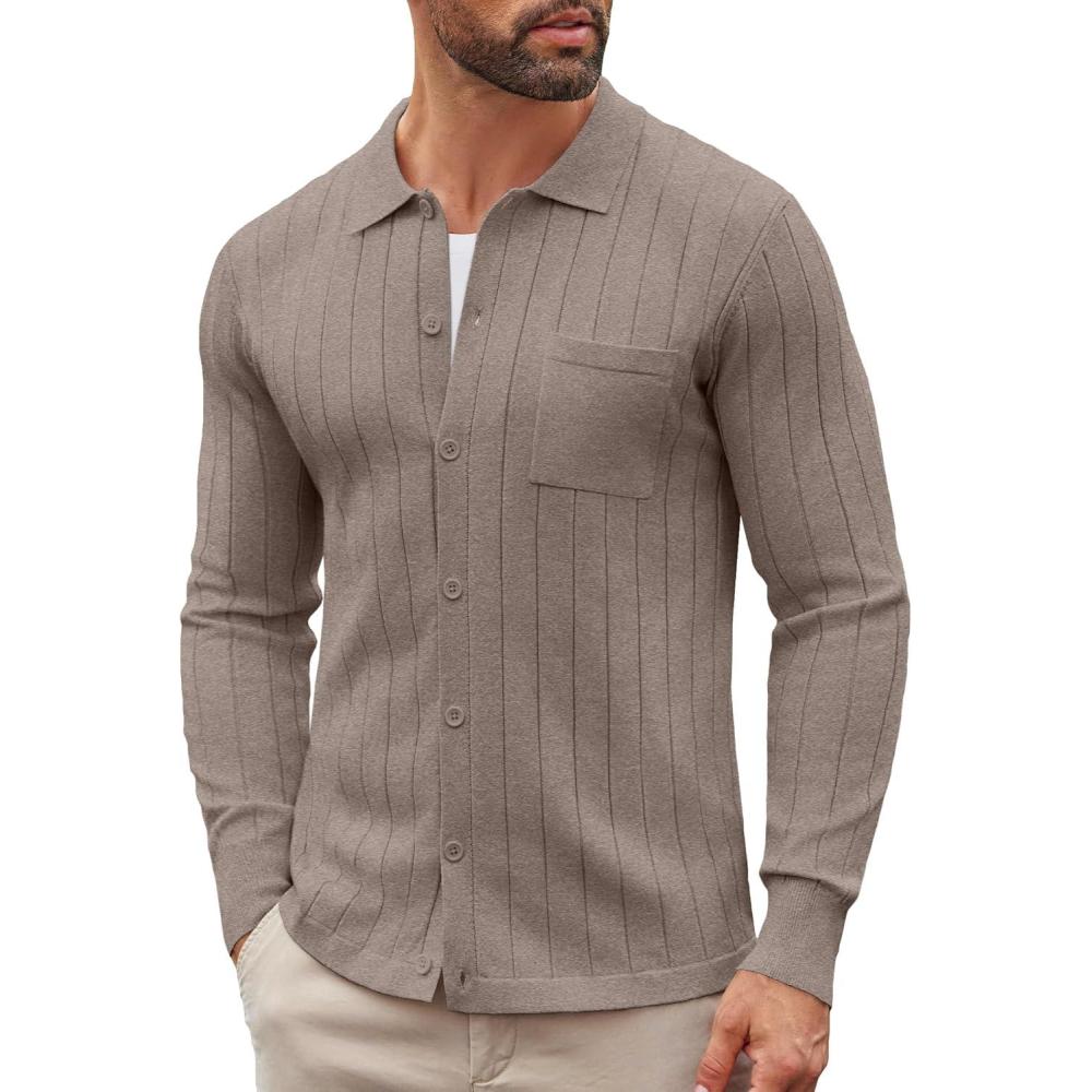 imageCOOFANDY Mens Casual Knit Polo Shirts Long Sleeve Button Down Sweater Polo Ribbed Cardigan Sweater with PocketKhaki