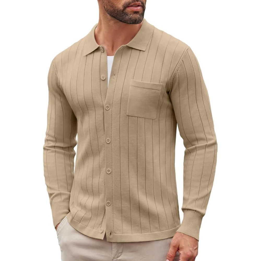imageCOOFANDY Mens Casual Knit Polo Shirts Long Sleeve Button Down Sweater Polo Ribbed Cardigan Sweater with PocketLight Khaki