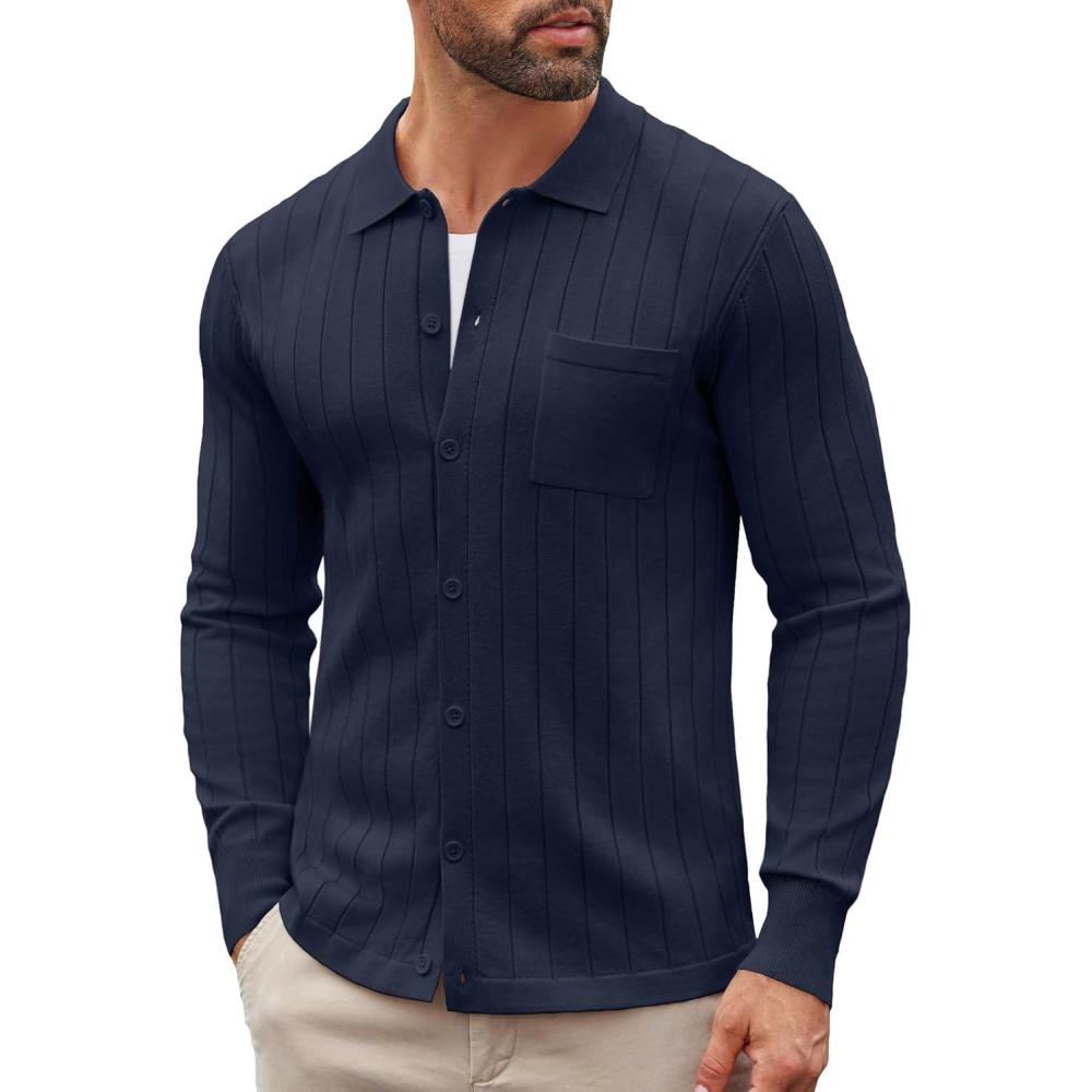 imageCOOFANDY Mens Casual Knit Polo Shirts Long Sleeve Button Down Sweater Polo Ribbed Cardigan Sweater with PocketNavy Blue